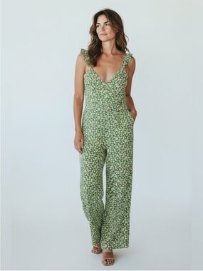 Zara Green Floral V-Neck Wide-Leg Jumpsuit